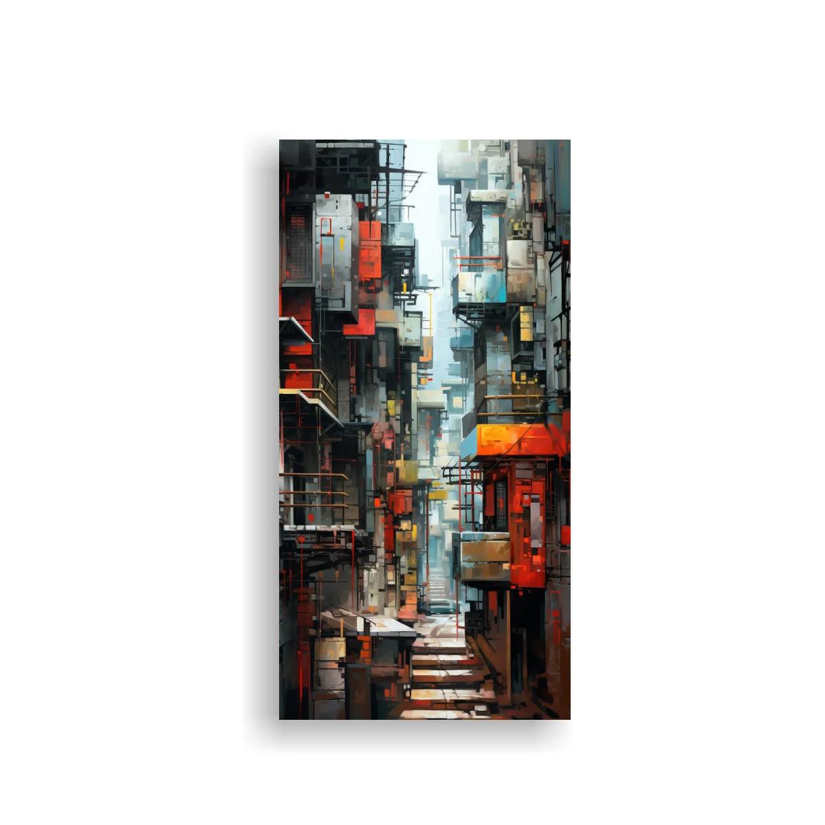 Cuadro callejón urbano con luces rojas y naranjas — imagen principal