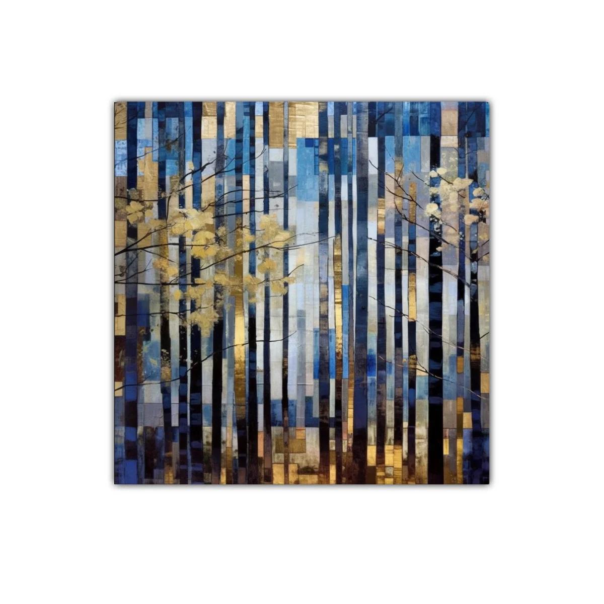 Bosque abstracto con tonos dorados y azules en líneas verticales — imagen principal