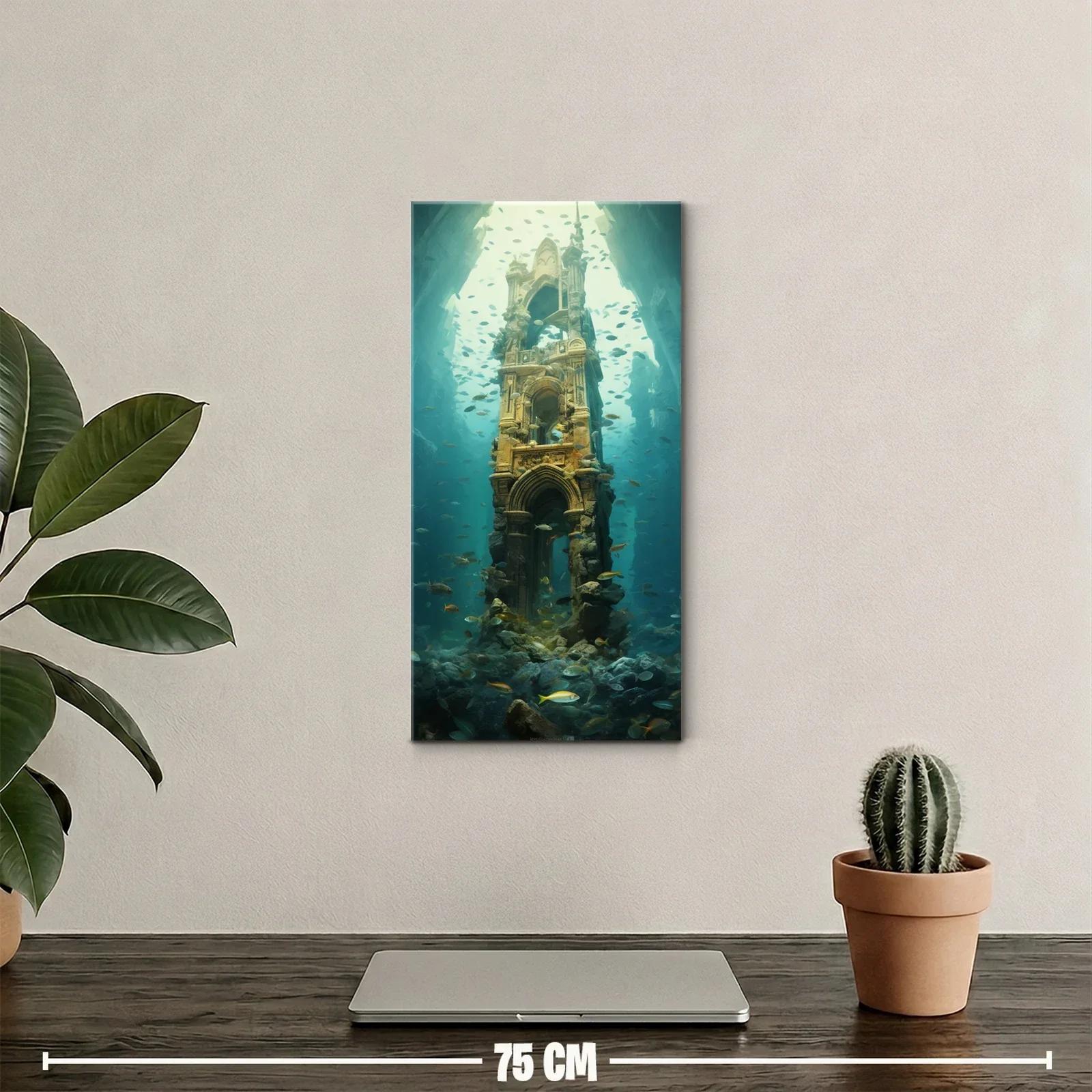 Cuadro torre de piedra sumergida con arco vacío y peces — miniatura 2