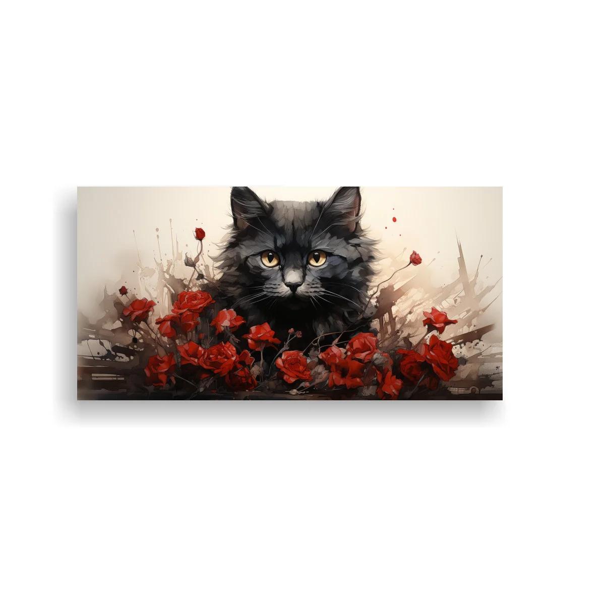 Cuadro gato gris de pelo largo entre flores rojas