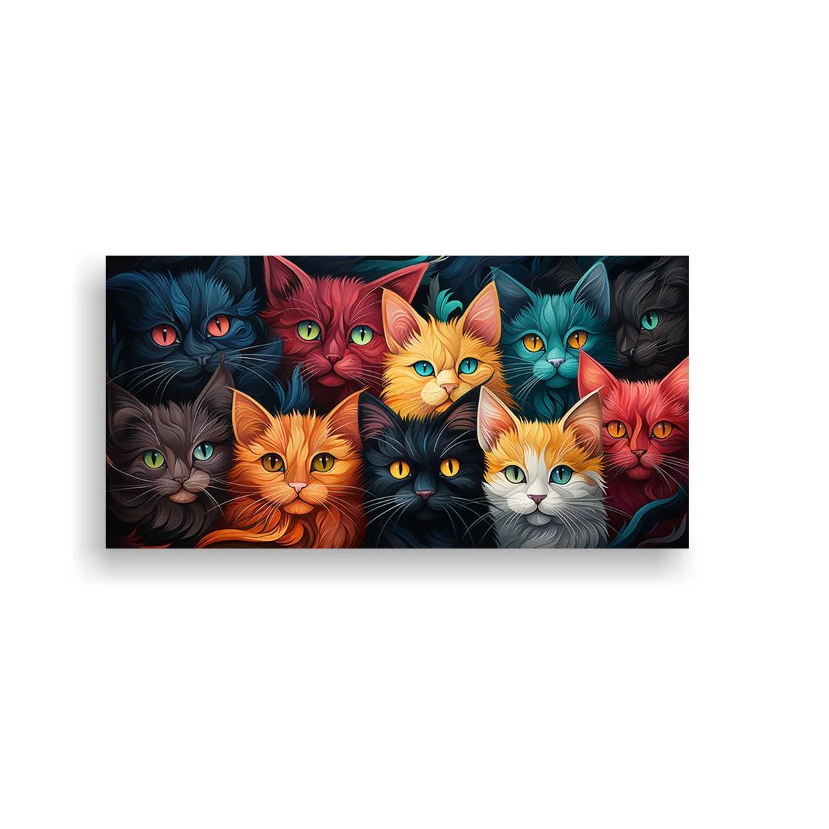Cuadro grupo de gatos de colores con rostros superpuestos