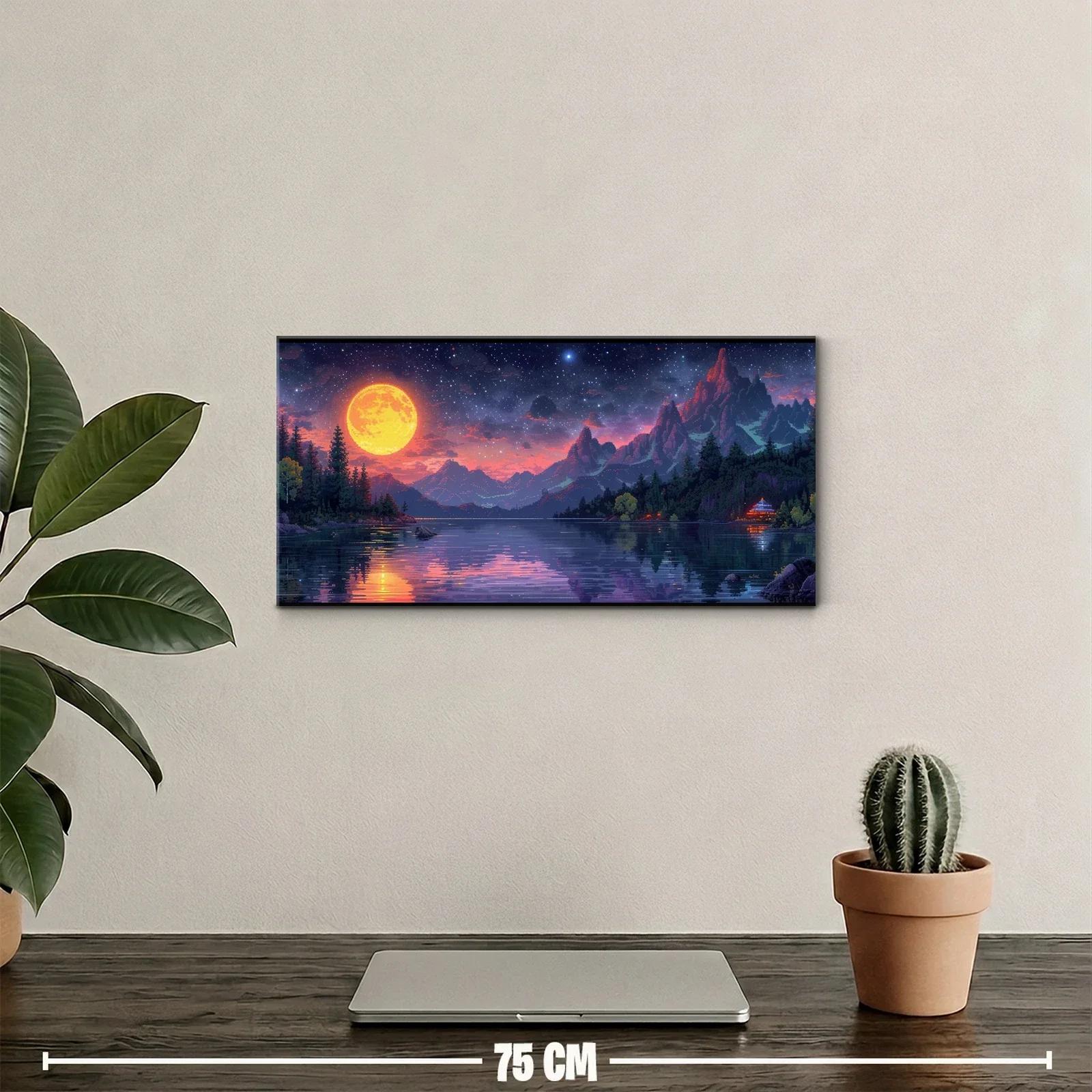 Cuadro paisaje nocturno con luna llena sobre un lago — miniatura 2