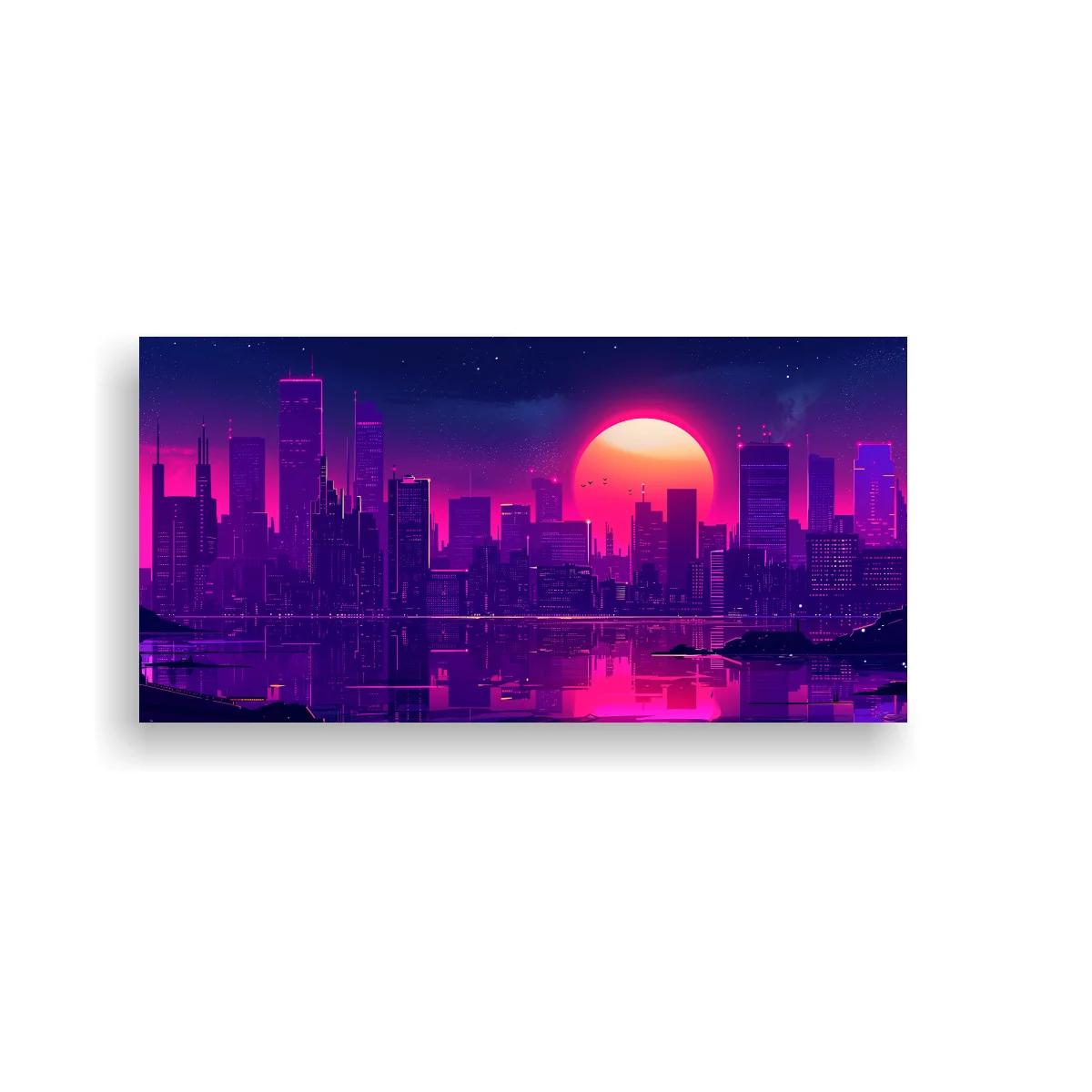 Cuadro skyline urbano al atardecer con gran sol y reflejo en el agua