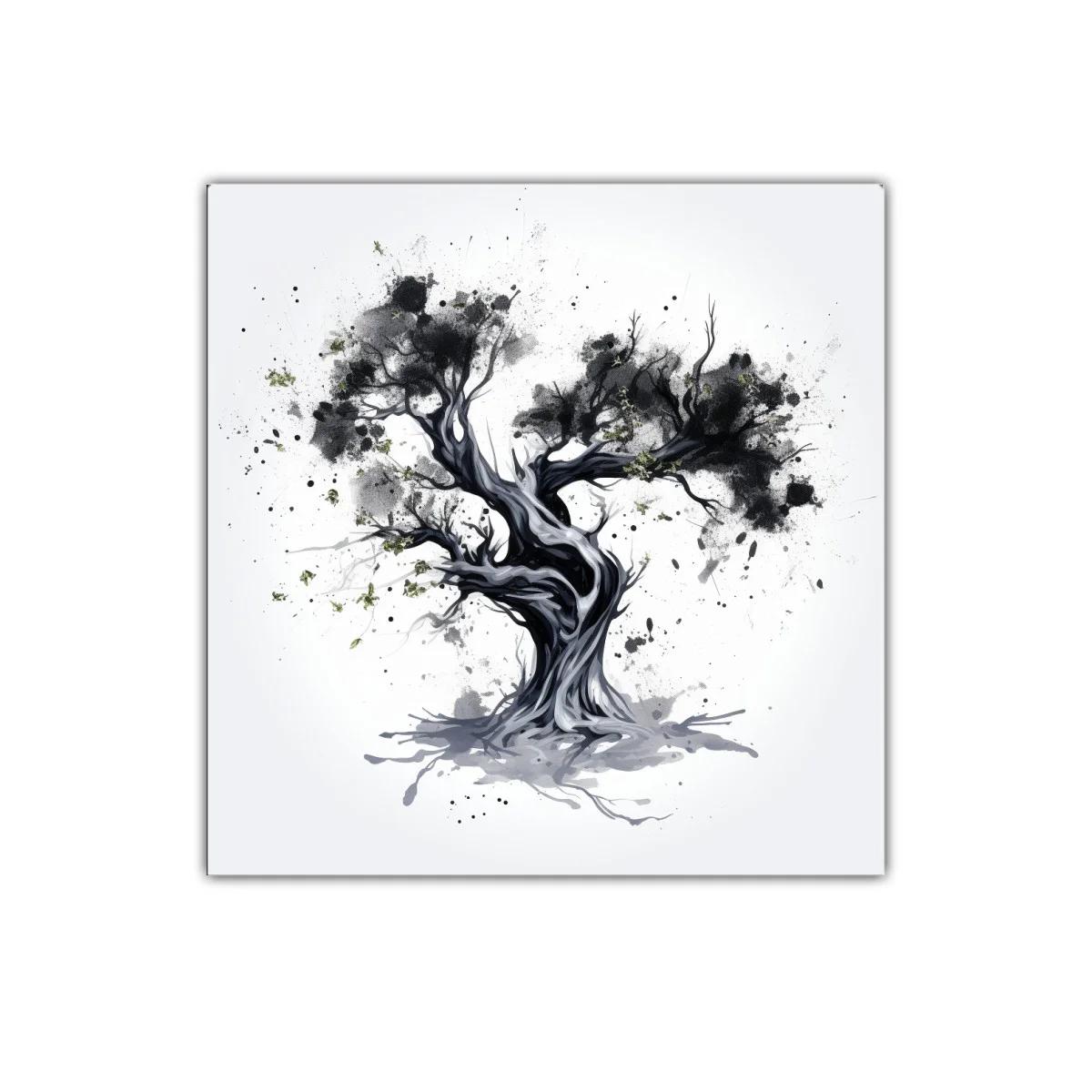 Árbol abstracto en tonos gris y negro con detalles verdes — imagen principal
