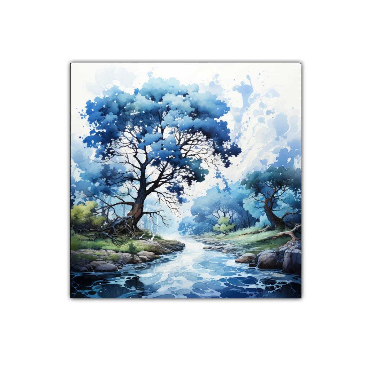 Paisaje sereno con árboles azules junto a río calmado — imagen principal