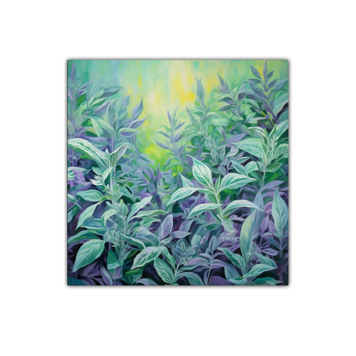 Cuadro decorativo de follaje exuberante en tonos verdes y lilas — imagen principal