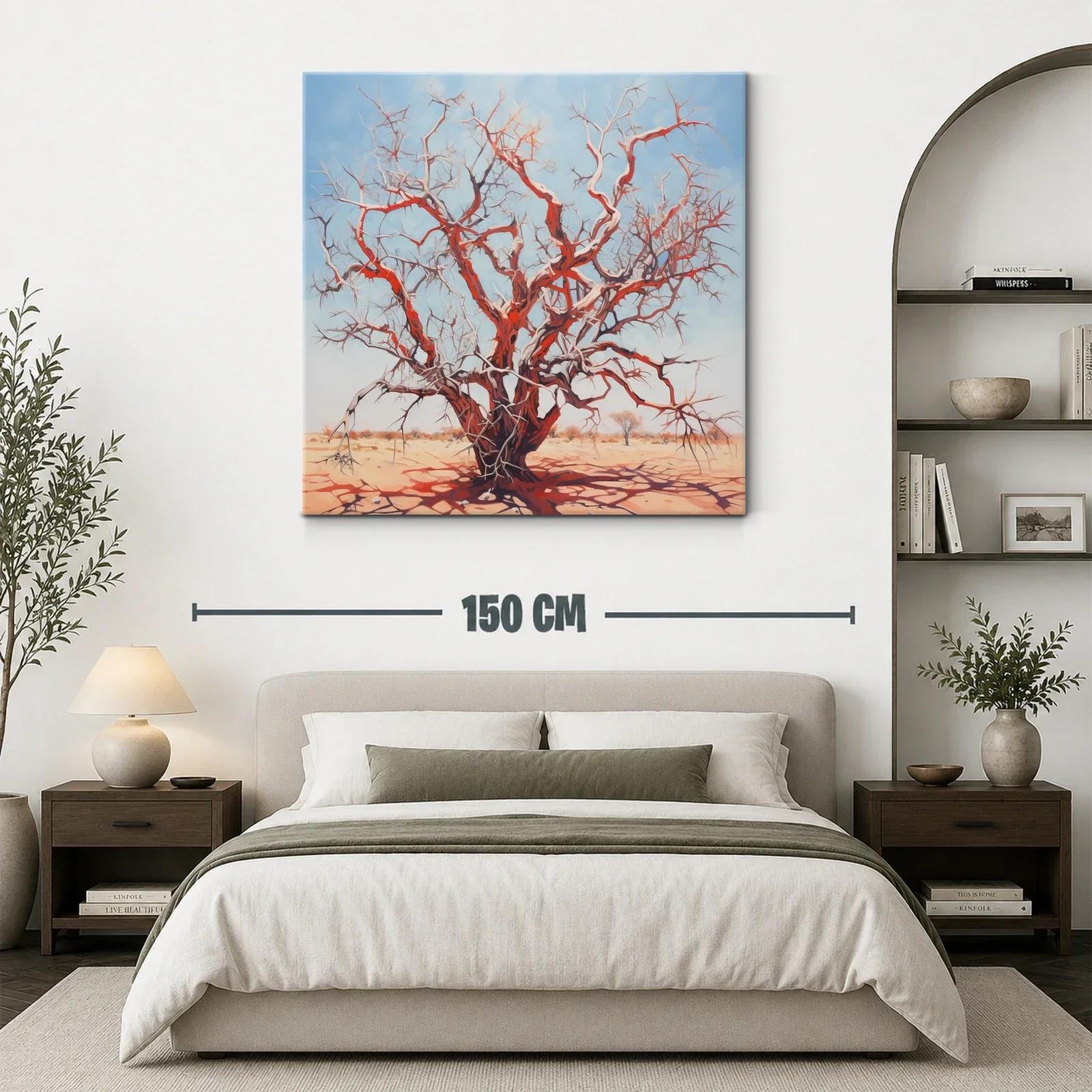 Árbol seco rojizo bajo cielo azul claro en paisaje árido — miniatura 3