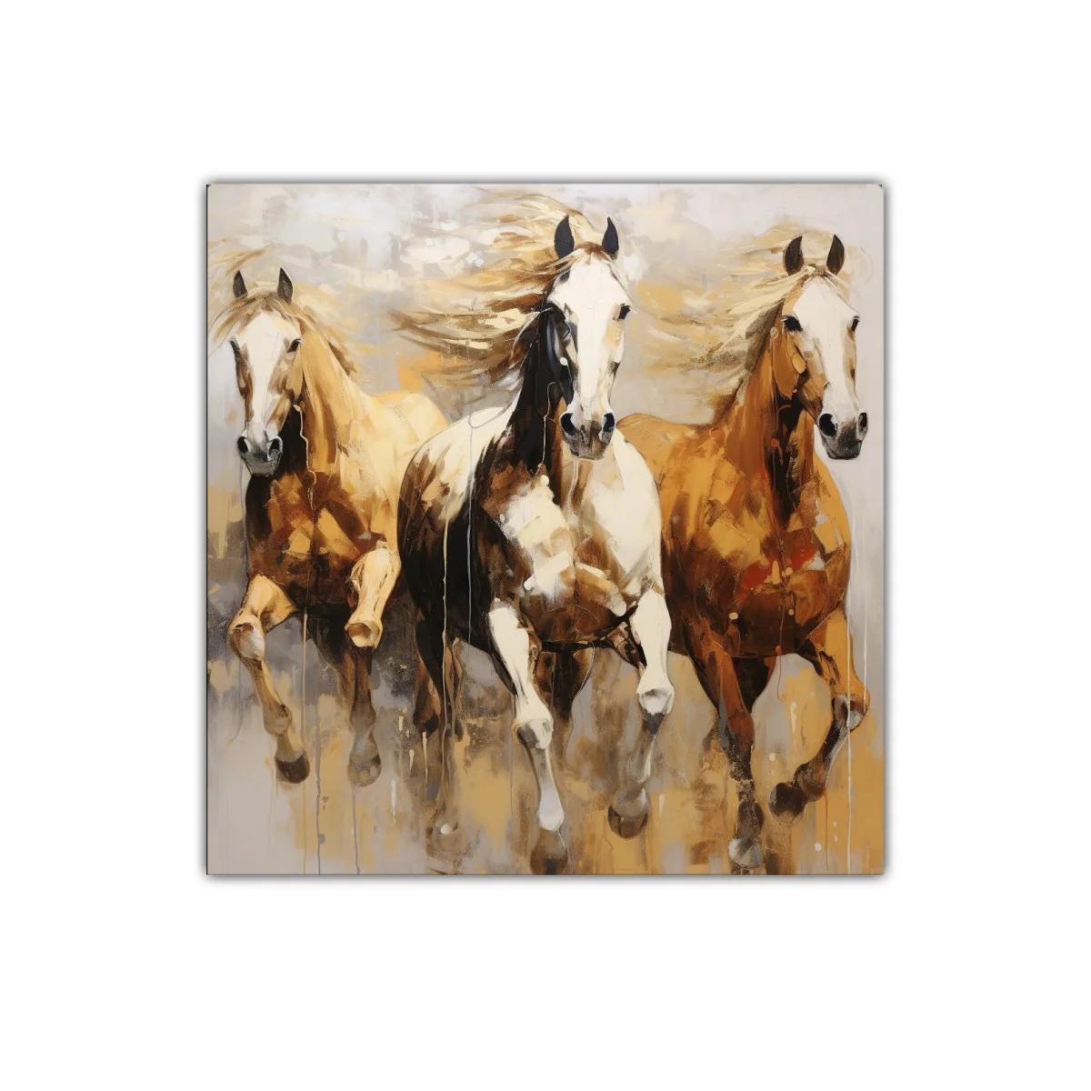 Cuadro decorativo con tres caballos al galope en tonalidades cálidas