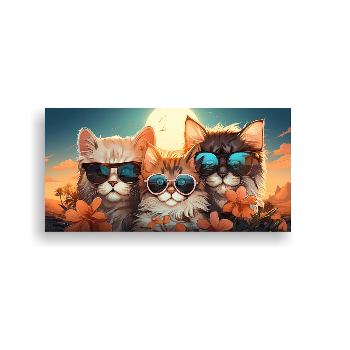 Cuadro tres gatos con gafas de sol y palmeras — imagen principal