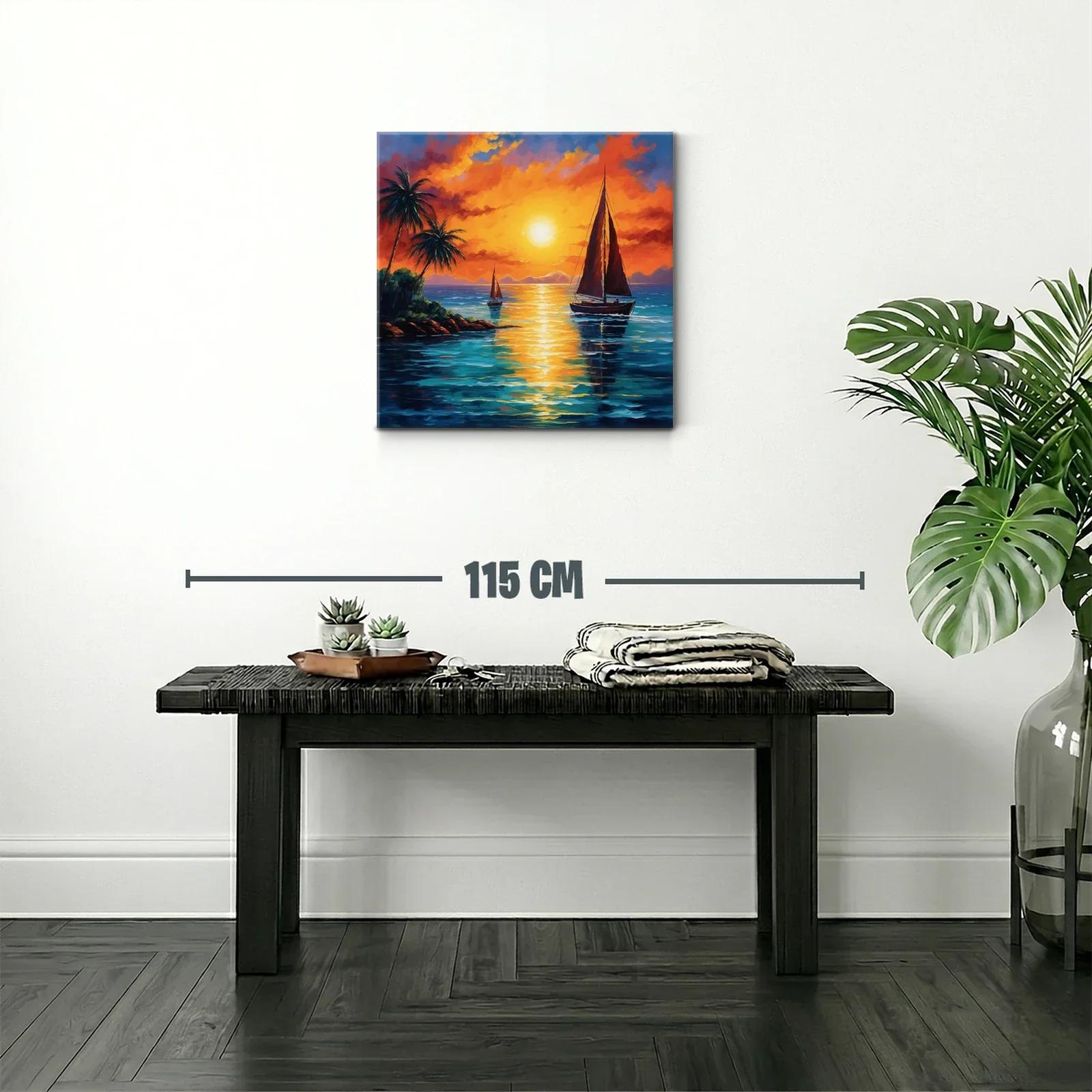 Atardecer en la costa con velero y palmeras tropicales — miniatura 2