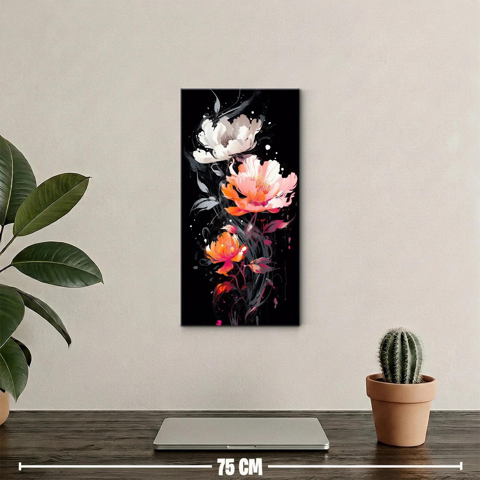 Cuadro peonías en coral y blanco sobre fondo negro — miniatura 2