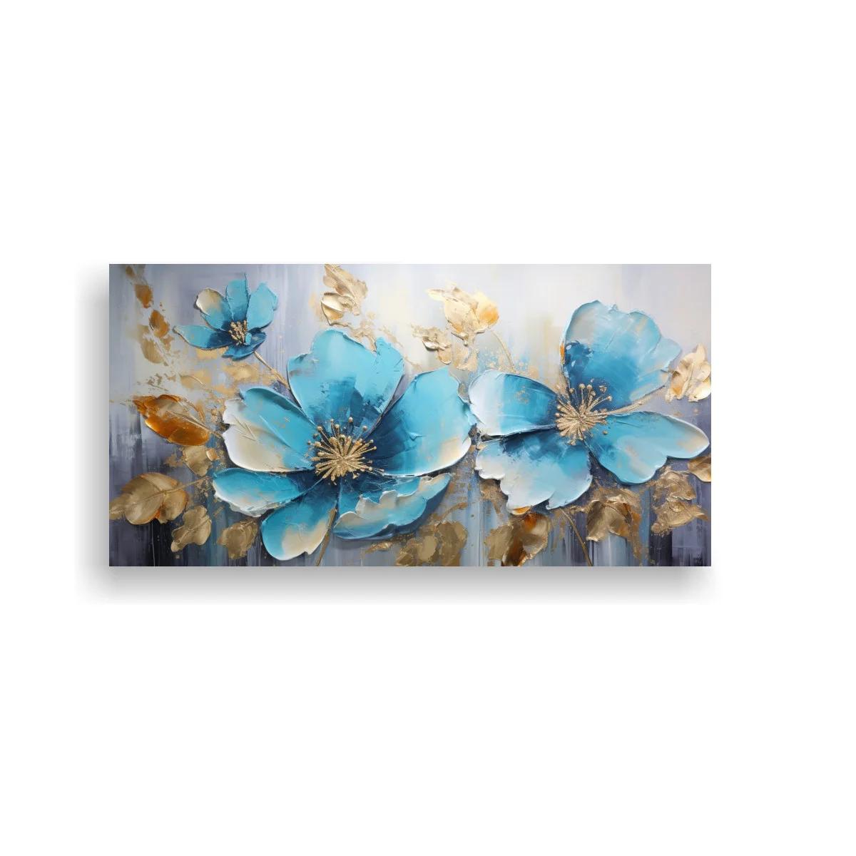 Cuadro flores azules grandes con follaje dorado — imagen principal