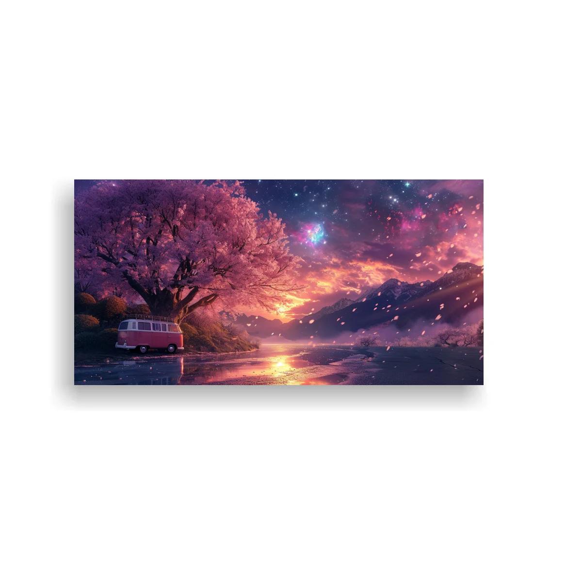 Cuadro árbol rosado con furgoneta junto al lago
