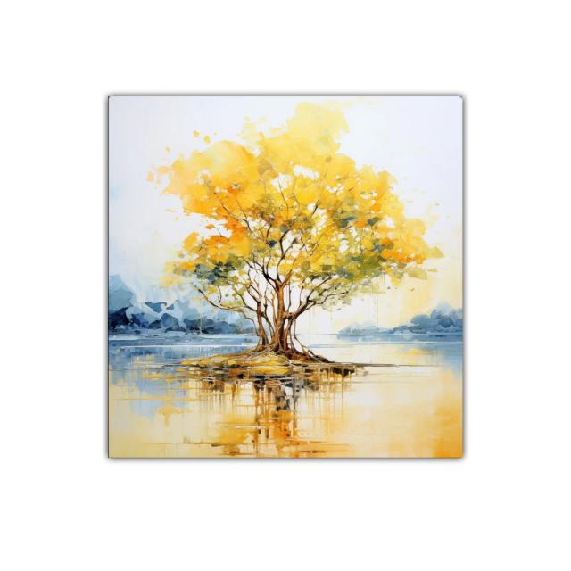 Árbol dorado brillante sobre reflejo de agua serena