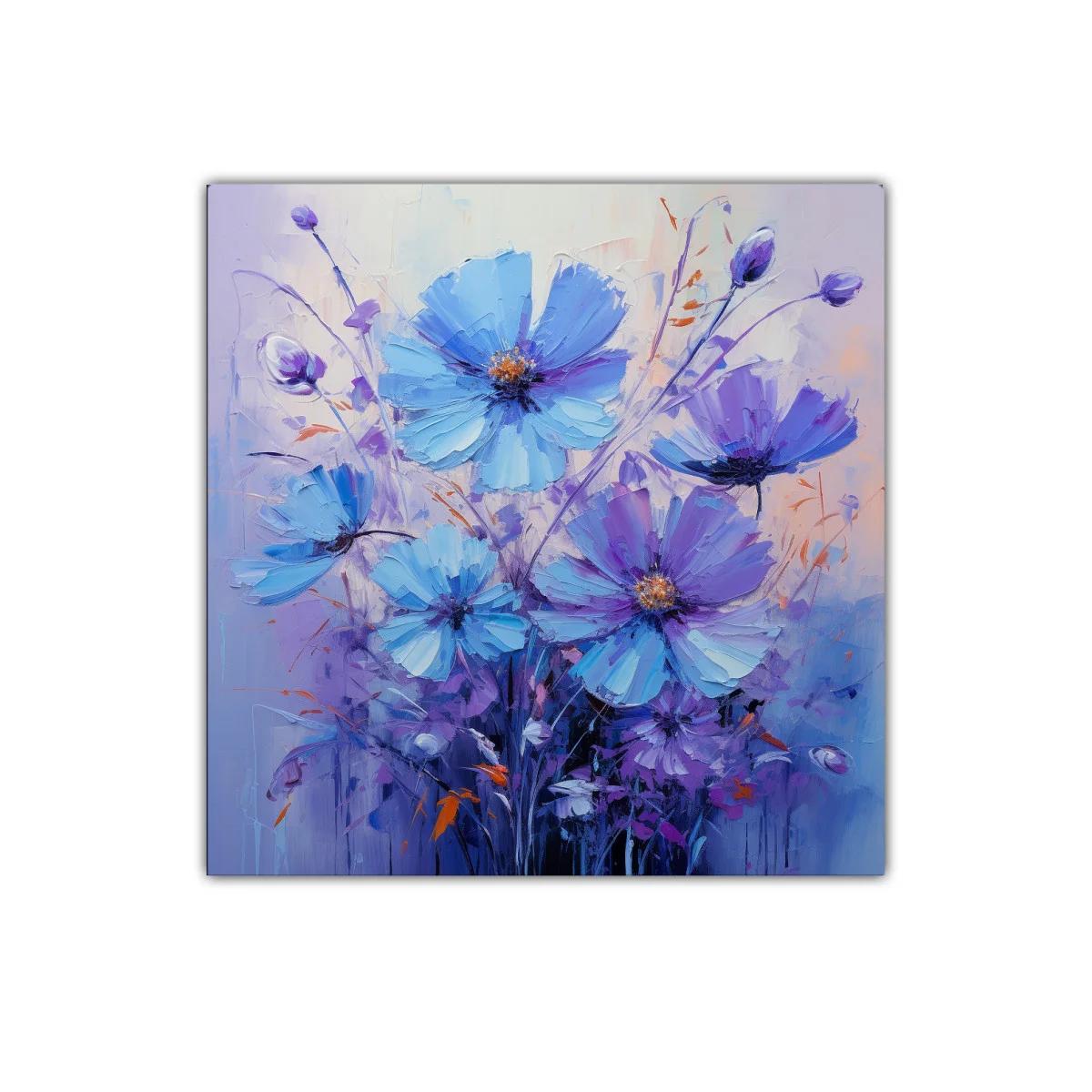 Cuadro floral en tonos azul y lila para decorar espacios
