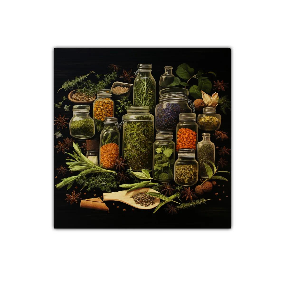 Cuadro decorativo con frascos de hierbas y especias naturales — imagen principal