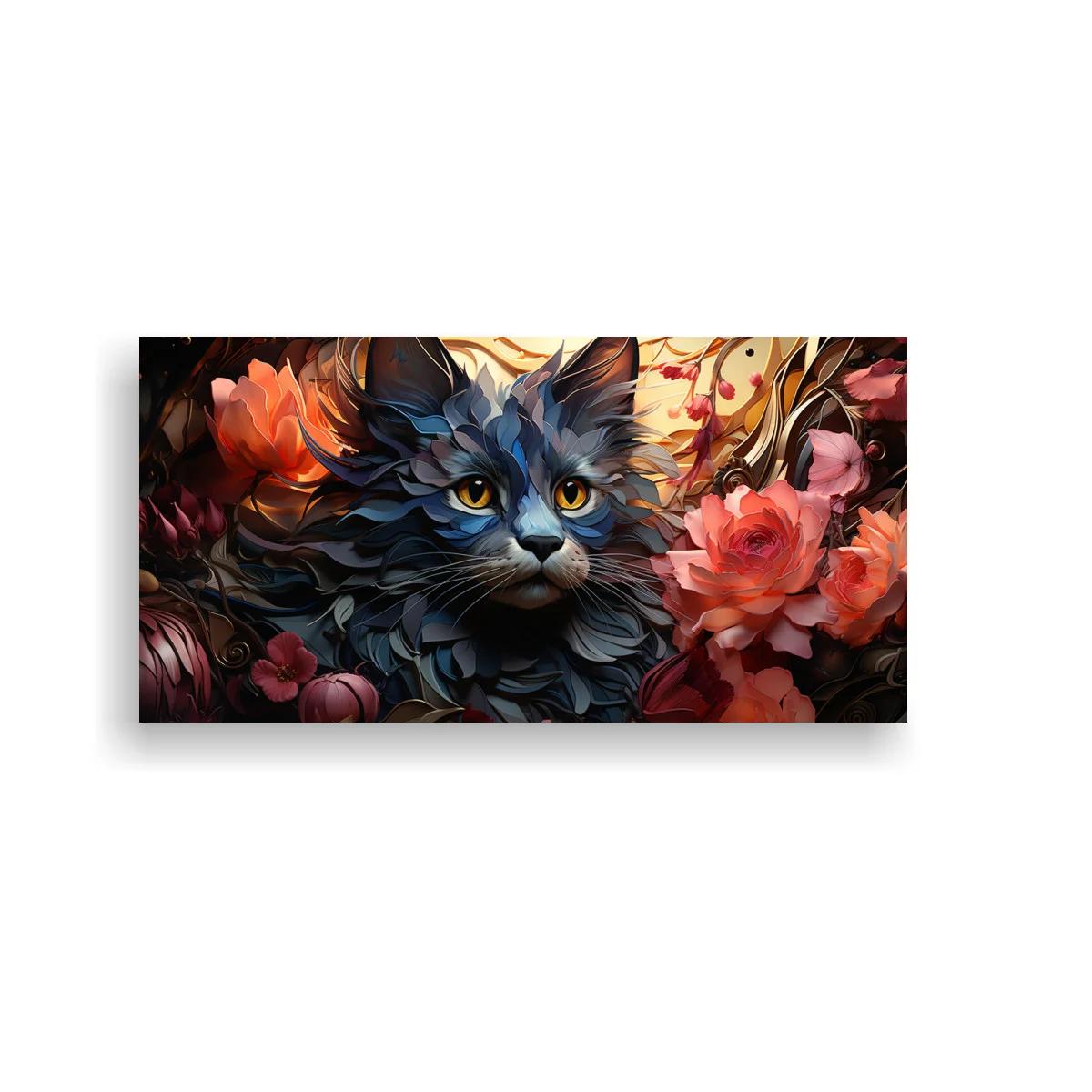 Cuadro gato gris de pelo largo entre rosas y ramas