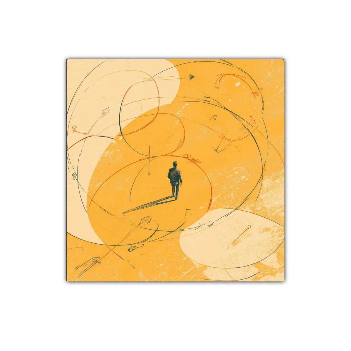 Cuadro con silueta caminante y líneas dinámicas naranjas — imagen principal