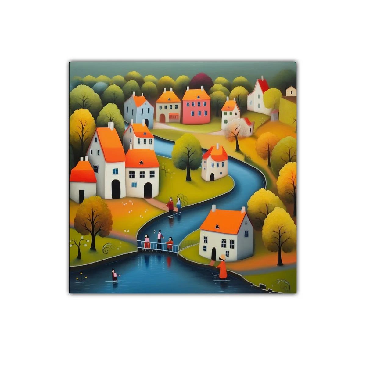 Paisaje de pueblo junto al río con casas y árboles coloridos