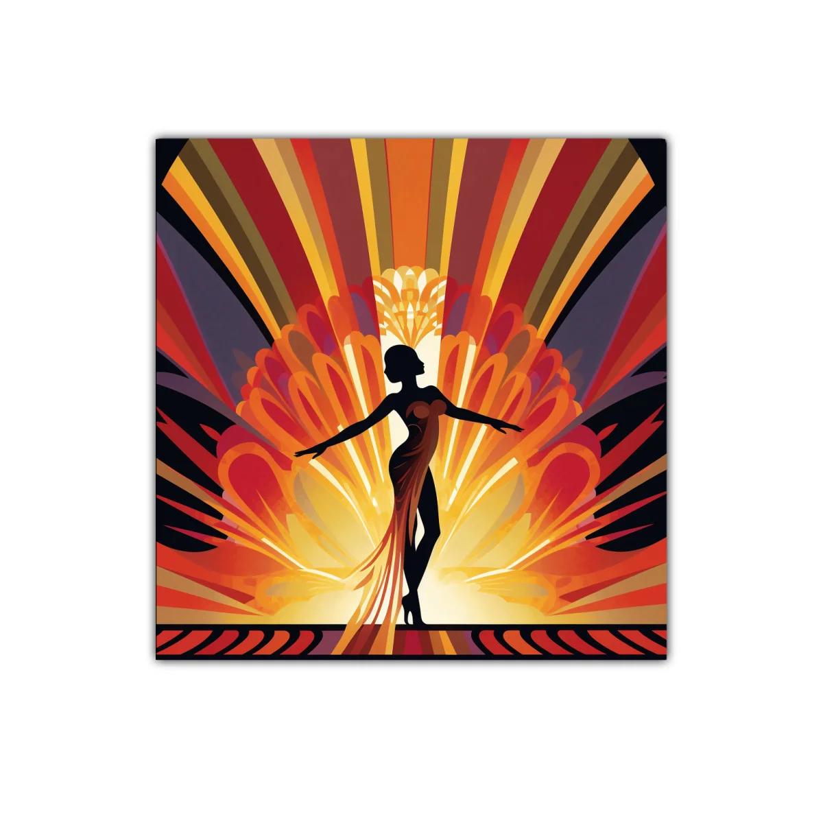 Figura femenina con luces cálidas y diseño art déco