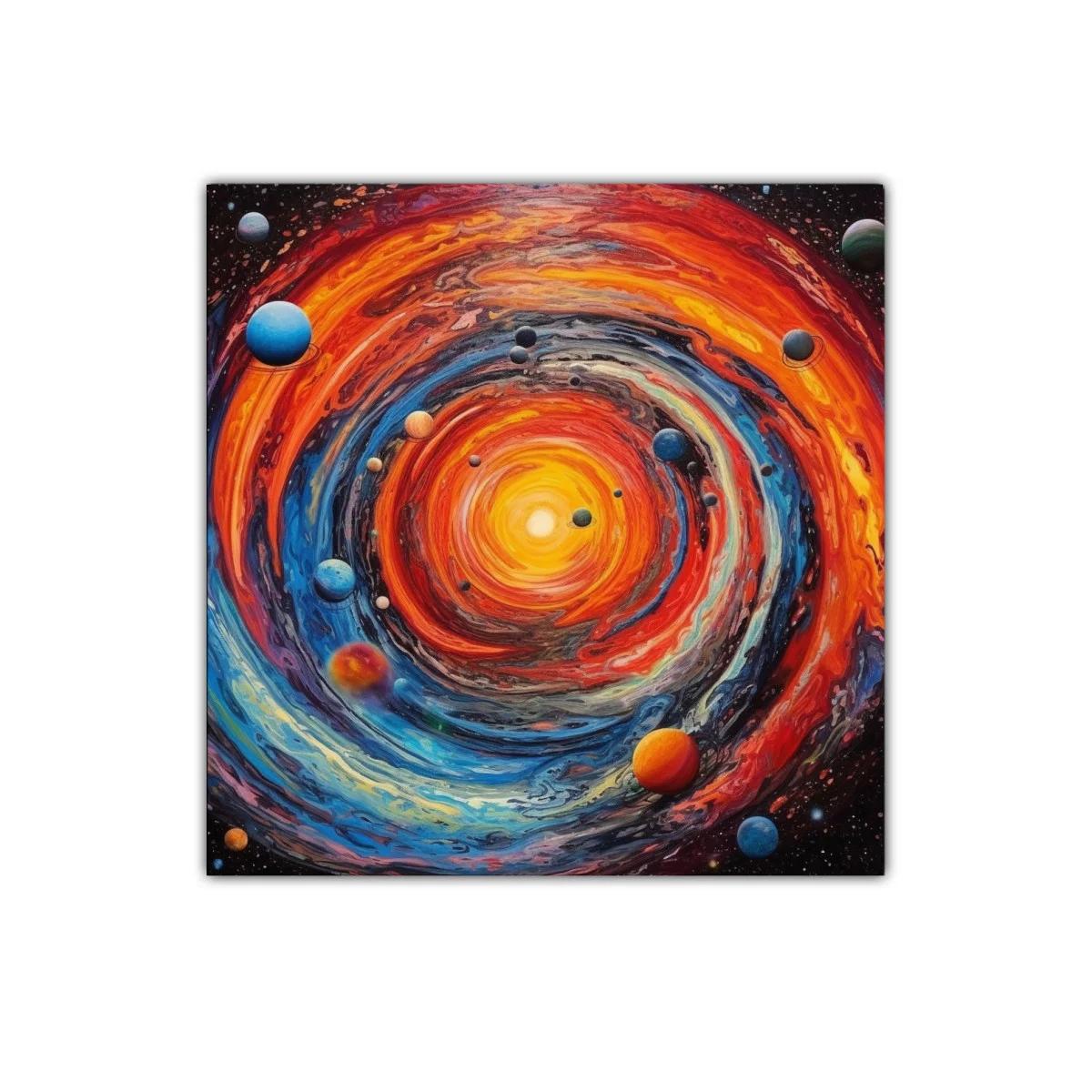 Cuadro Espacial con Remolino Cósmico y Planetas Coloridos