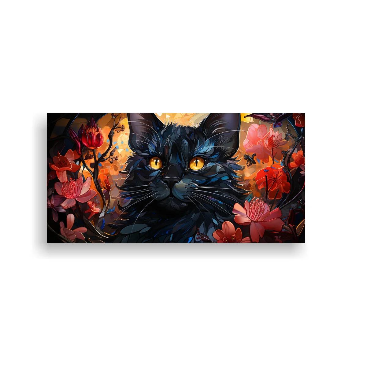 Cuadro gato negro de ojos amarillos entre flores rojas y rosadas