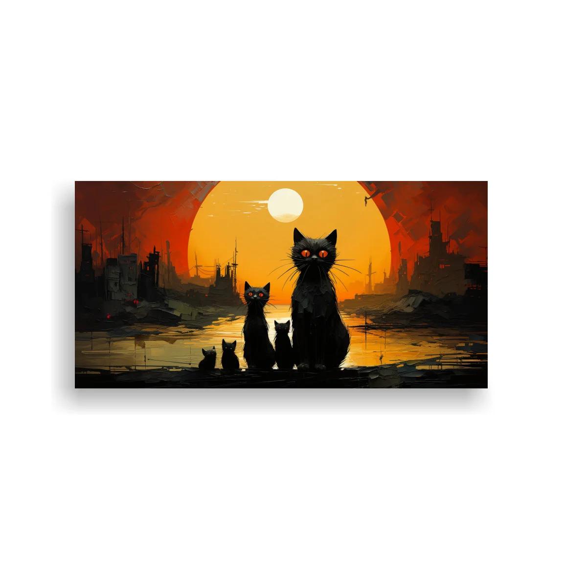 Cuadro gato negro con gatitos y disco luminoso