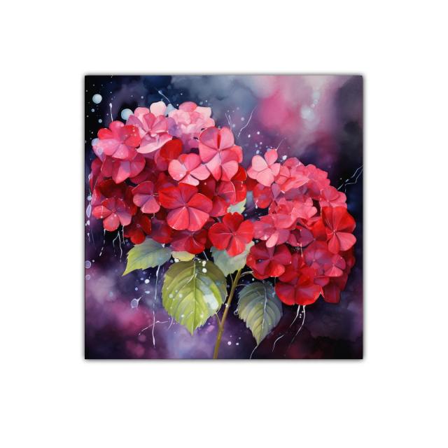 Vibrante cuadro con hortensias en tonos rojos y rosas