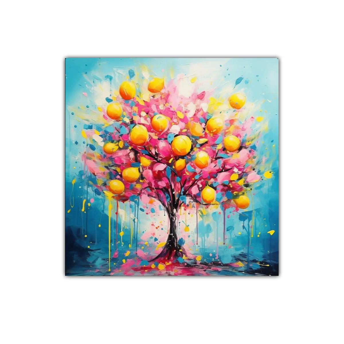 Árbol colorido con frutas amarillas y fondo azul vibrante