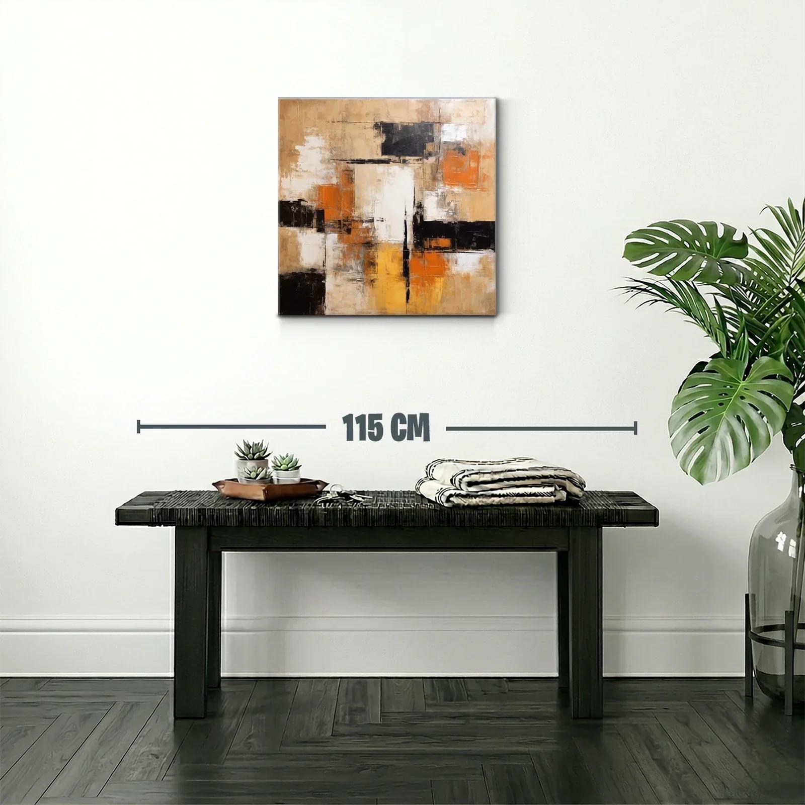 Cuadro abstracto en tonos tierra con acentos naranjas y negros — miniatura 2