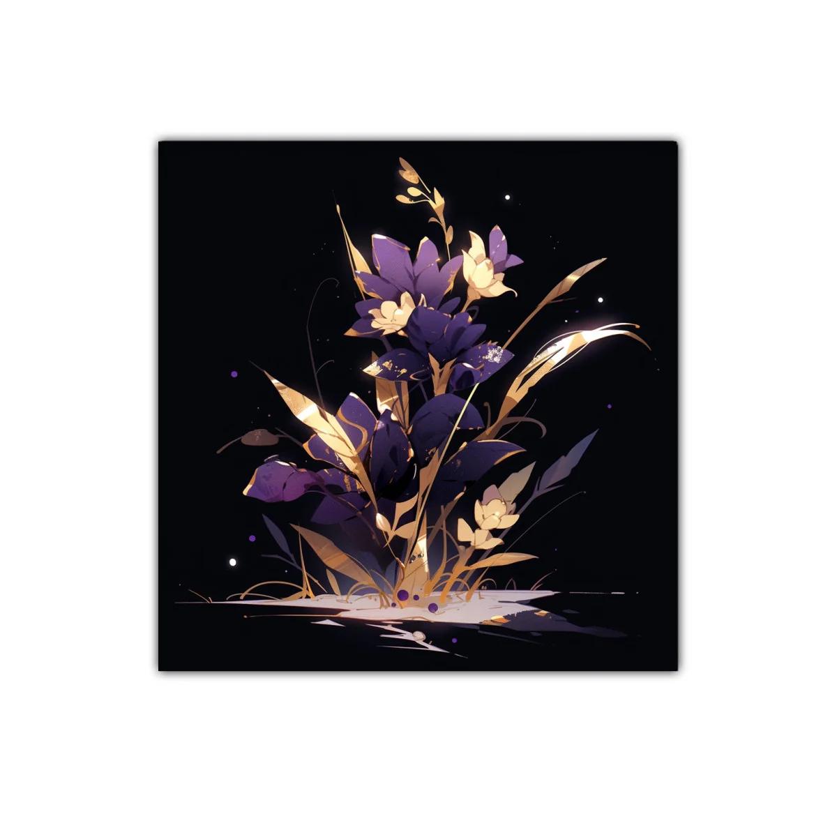 Ramo de flores violetas y doradas con contraste oscuro — imagen principal