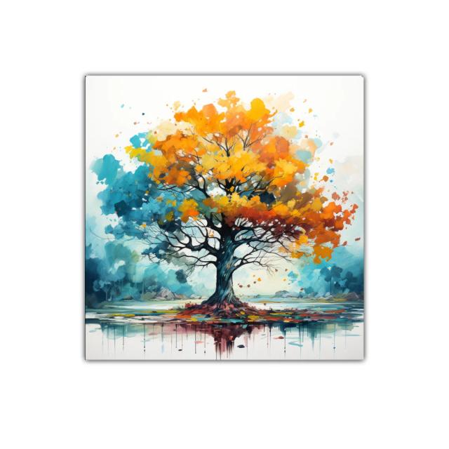 Árbol vibrante con hojas otoñales y reflejo en agua