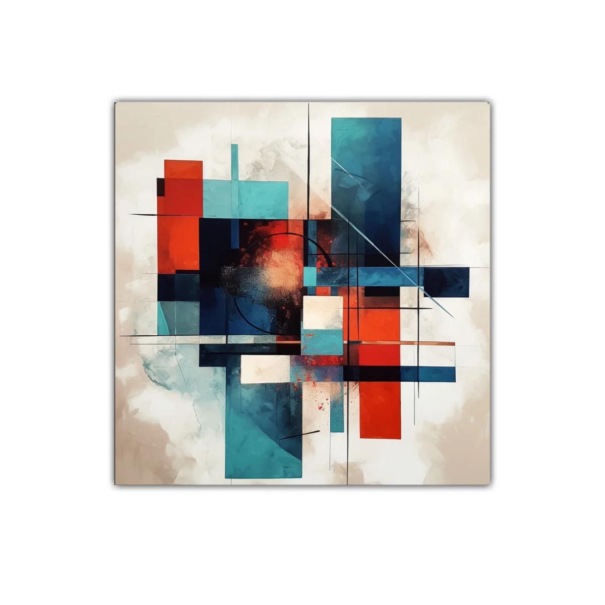Composición abstracta en azul y rojo con formas geométricas