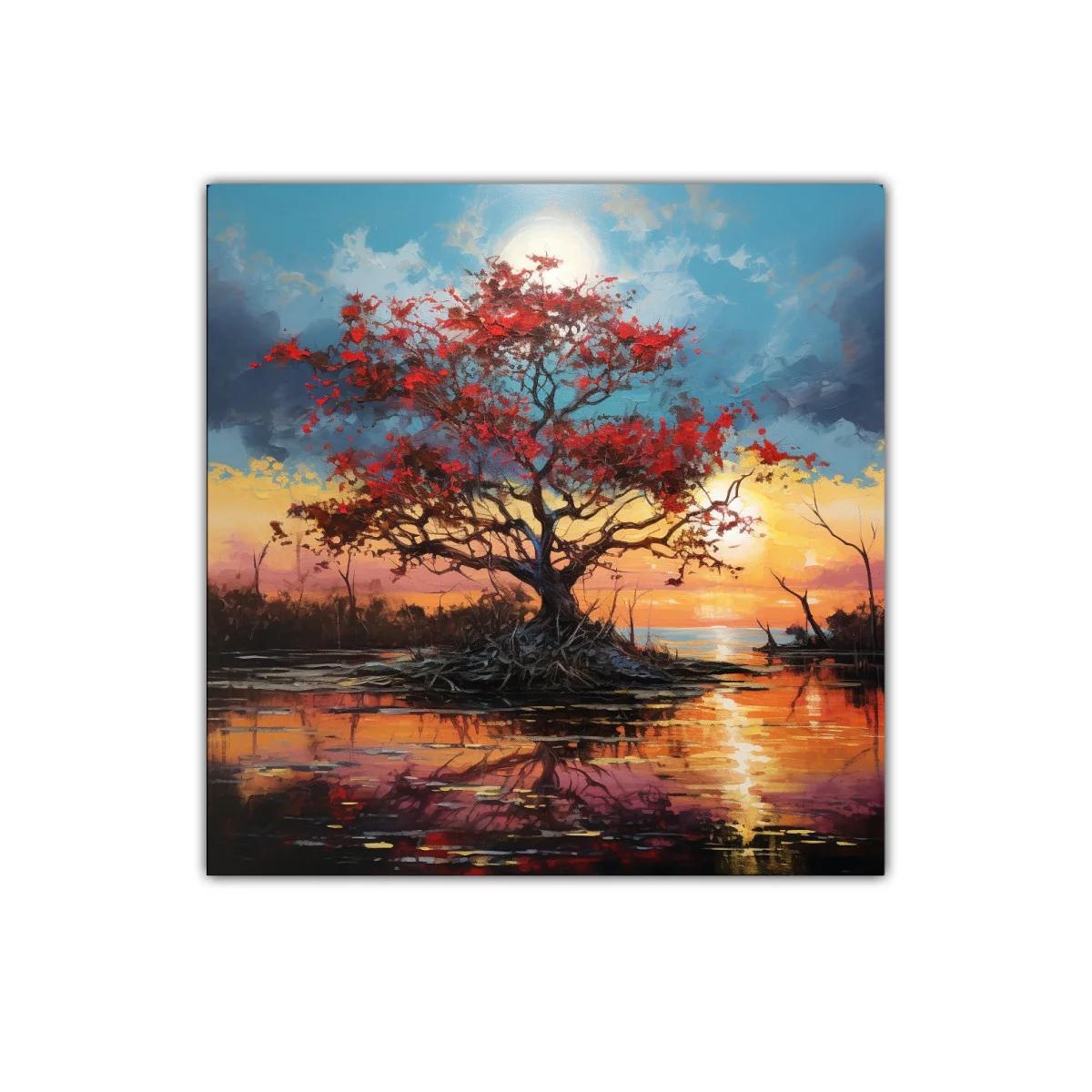 Árbol en paisaje al atardecer con tonos cálidos y azules — imagen principal