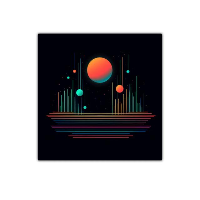 Composición abstracta con esferas y líneas de colores vibrantes
