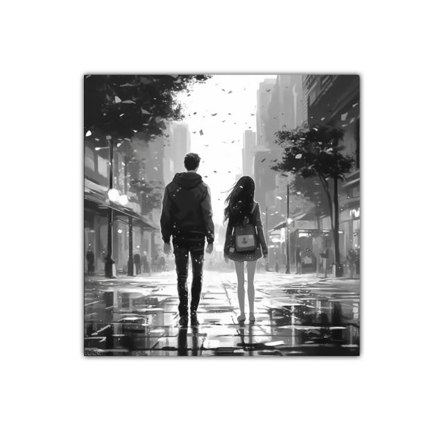 Pareja caminando en ciudad bajo lluvia suave en blanco y negro
