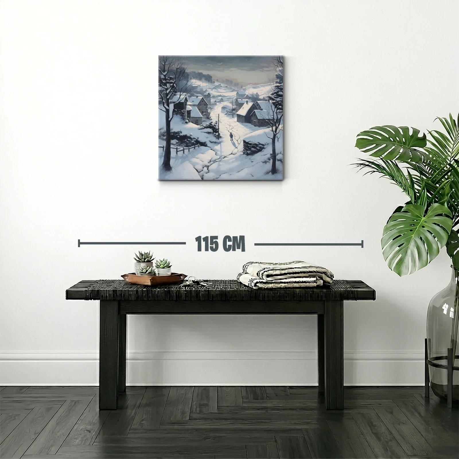 Paisaje nevado con aldea y silueta solitaria en invierno — miniatura 2