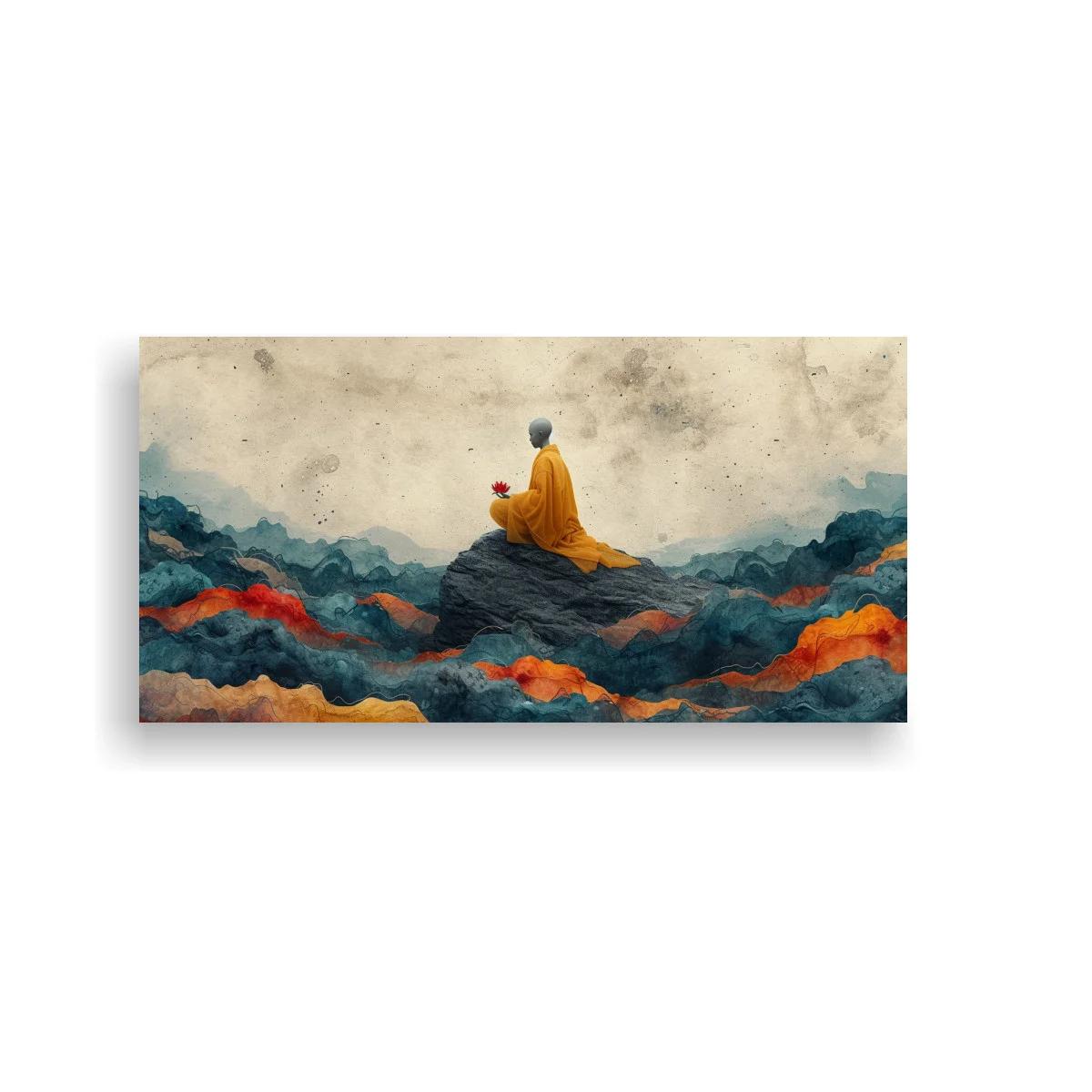 Cuadro monje con túnica naranja sobre roca oscura