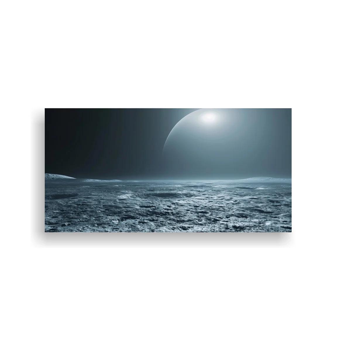 Cuadro planeta sobre paisaje lunar con horizonte luminoso