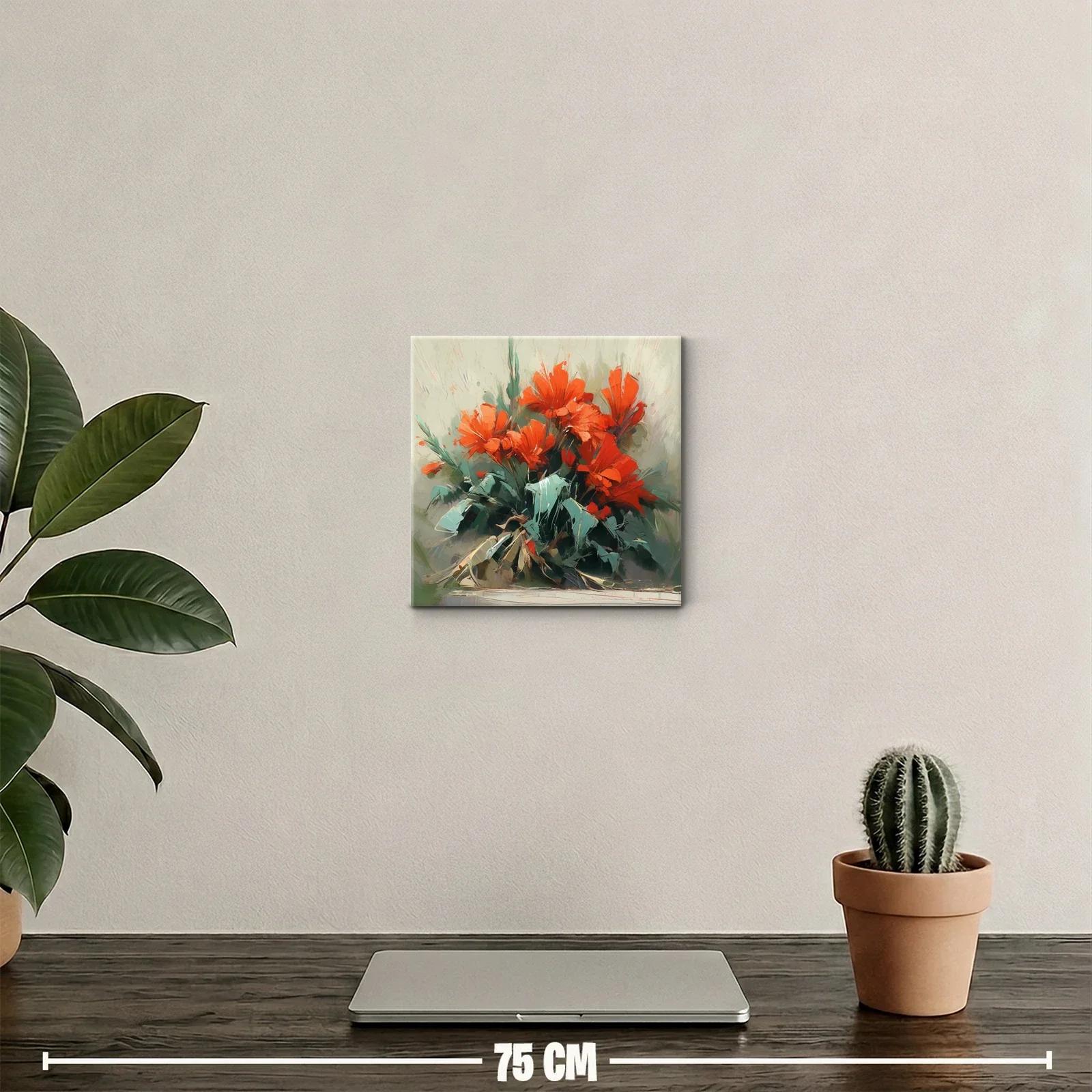 Cuadro decorativo con ramo de flores rojas y hojas verdes — miniatura 2