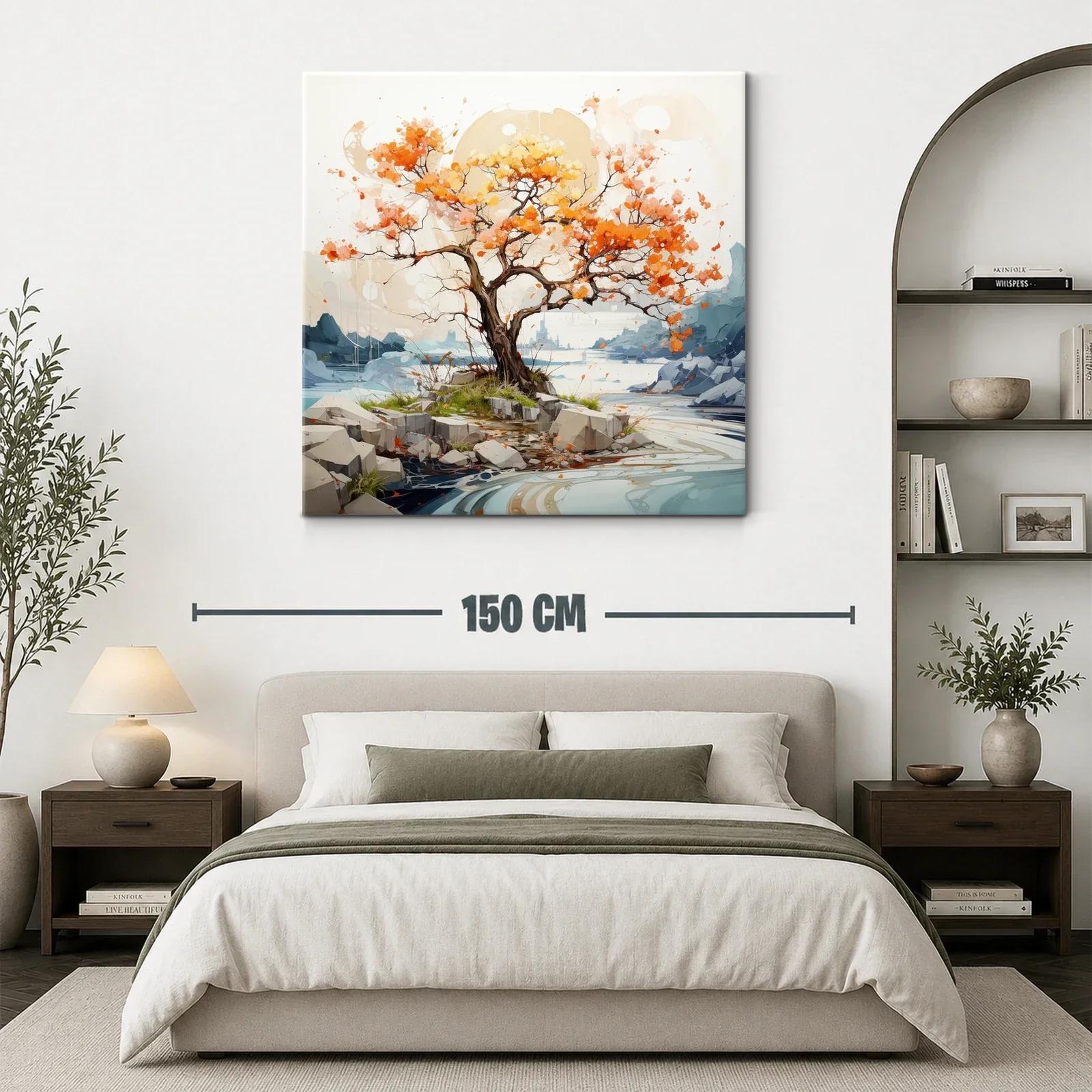 Árbol otoñal vibrante en paisaje sereno de río y rocas — miniatura 3