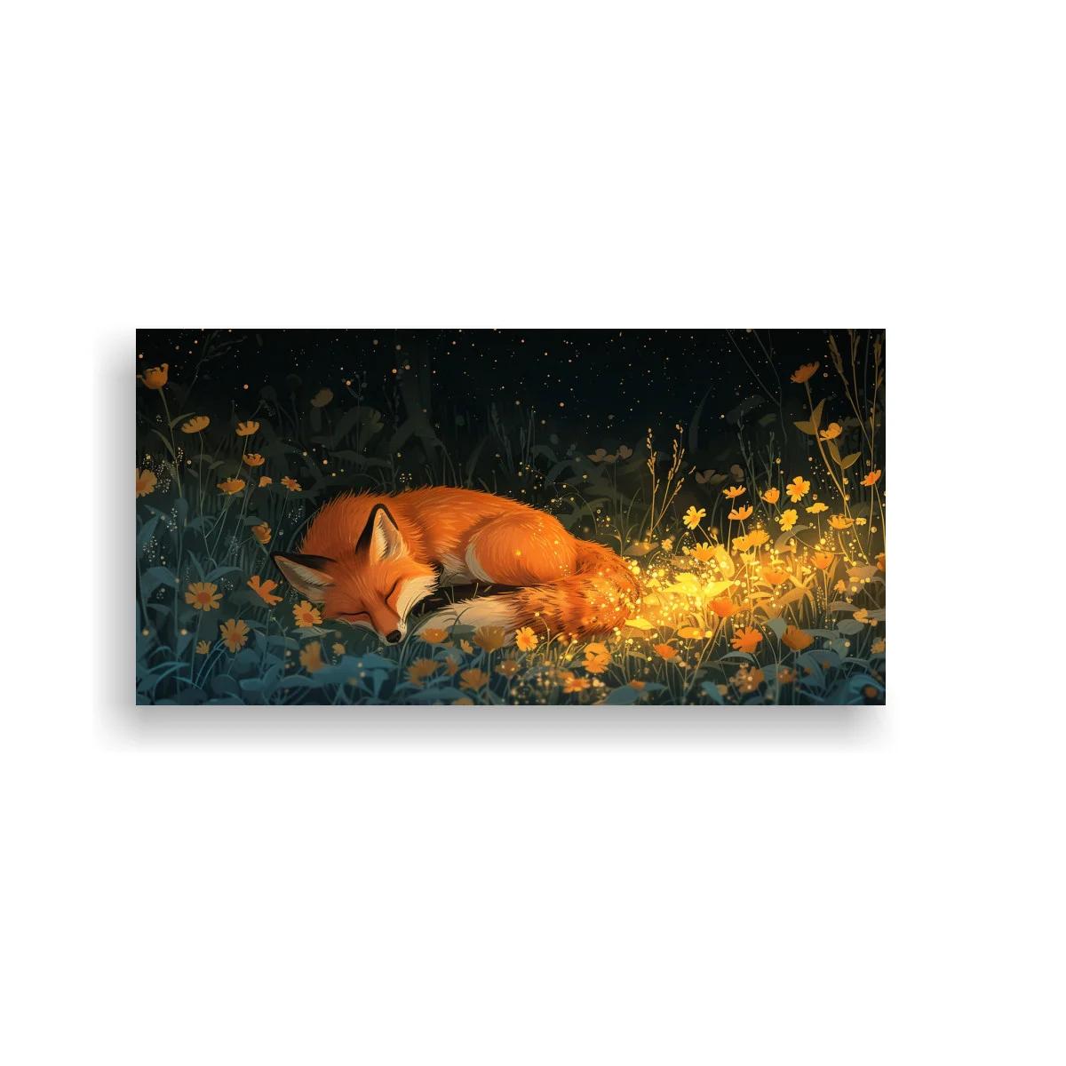Cuadro zorro rojo dormido con flores luminosas