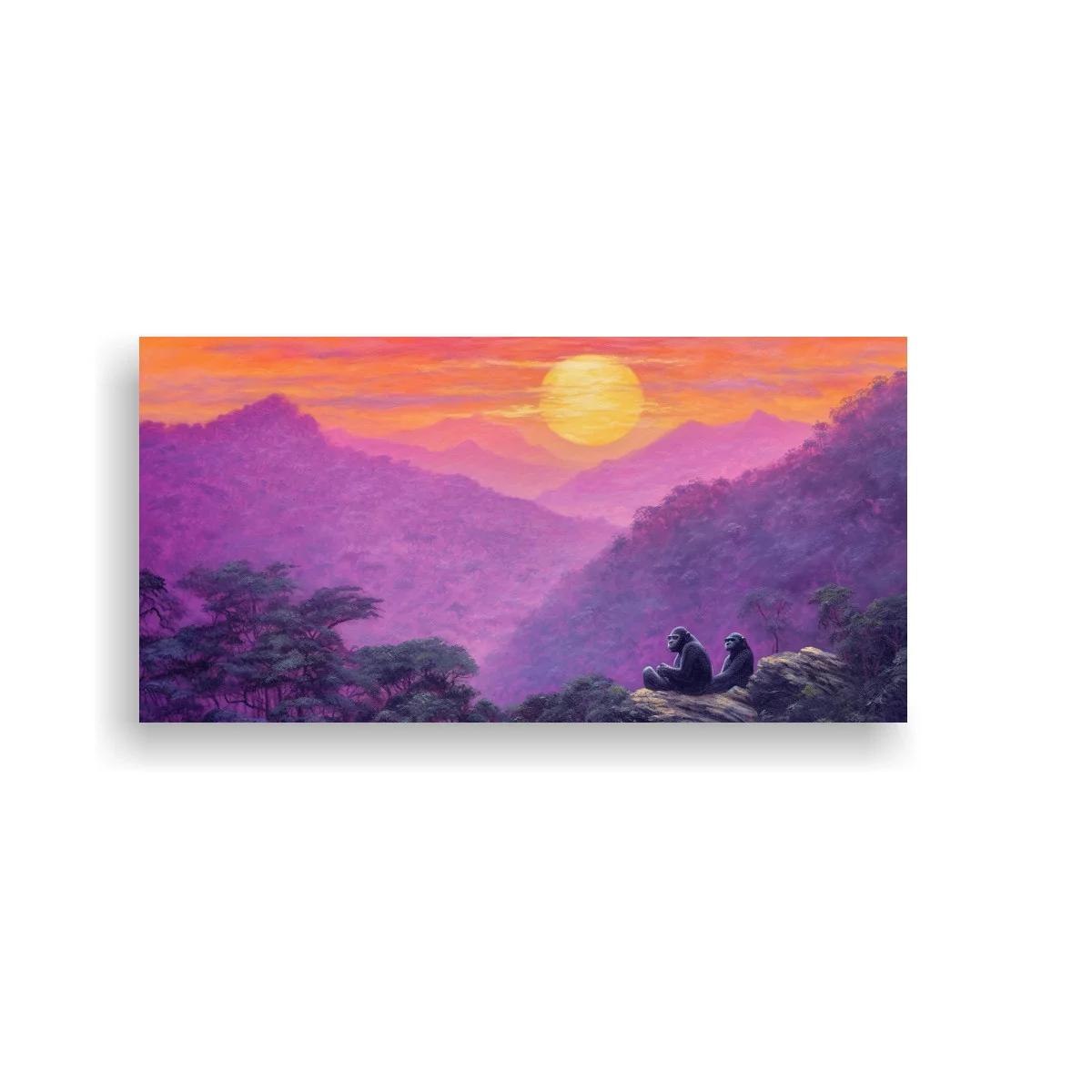 Cuadro paisaje de montañas al atardecer con dos figuras contemplando