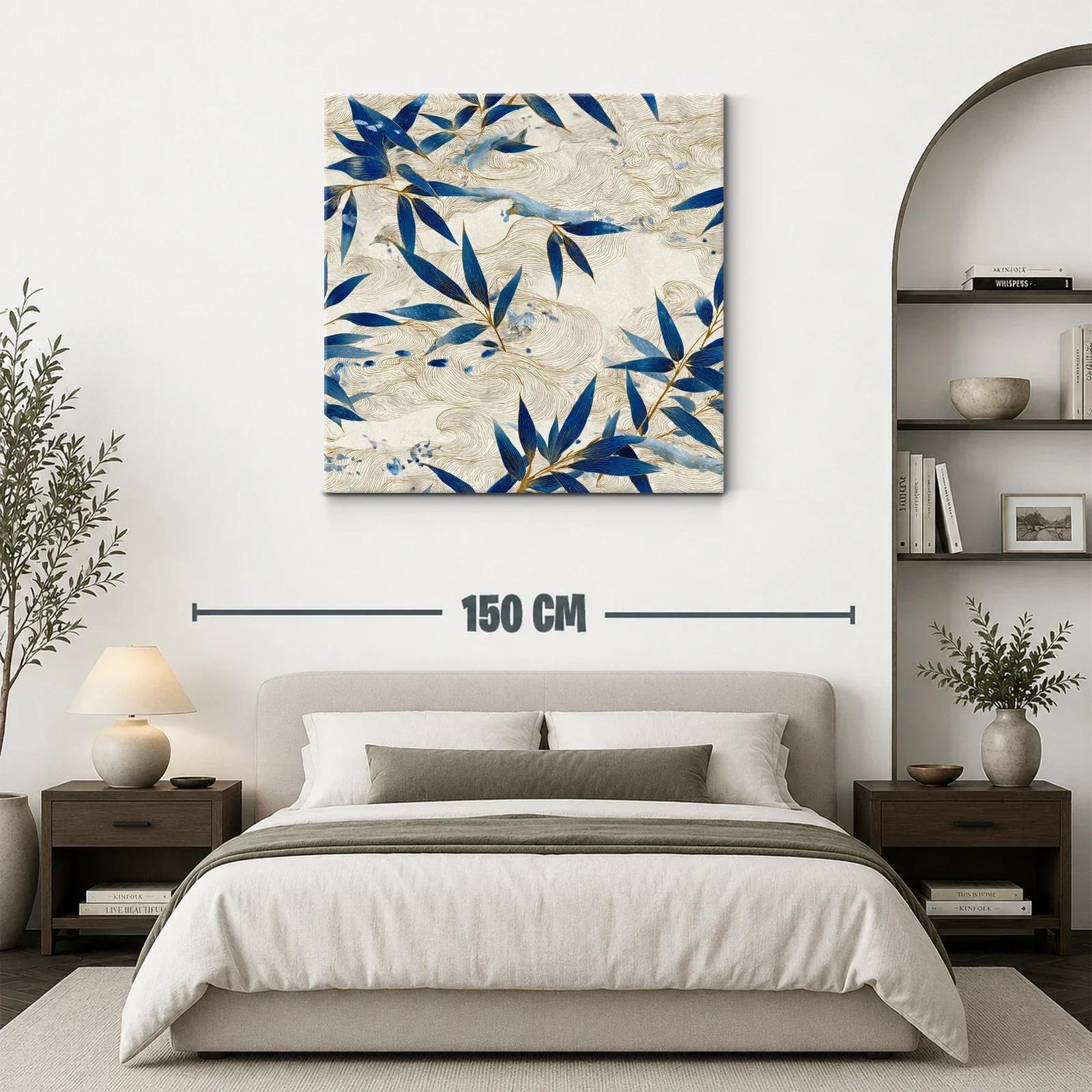 Cuadro con hojas azules y trazos dorados sobre fondo beige — miniatura 3