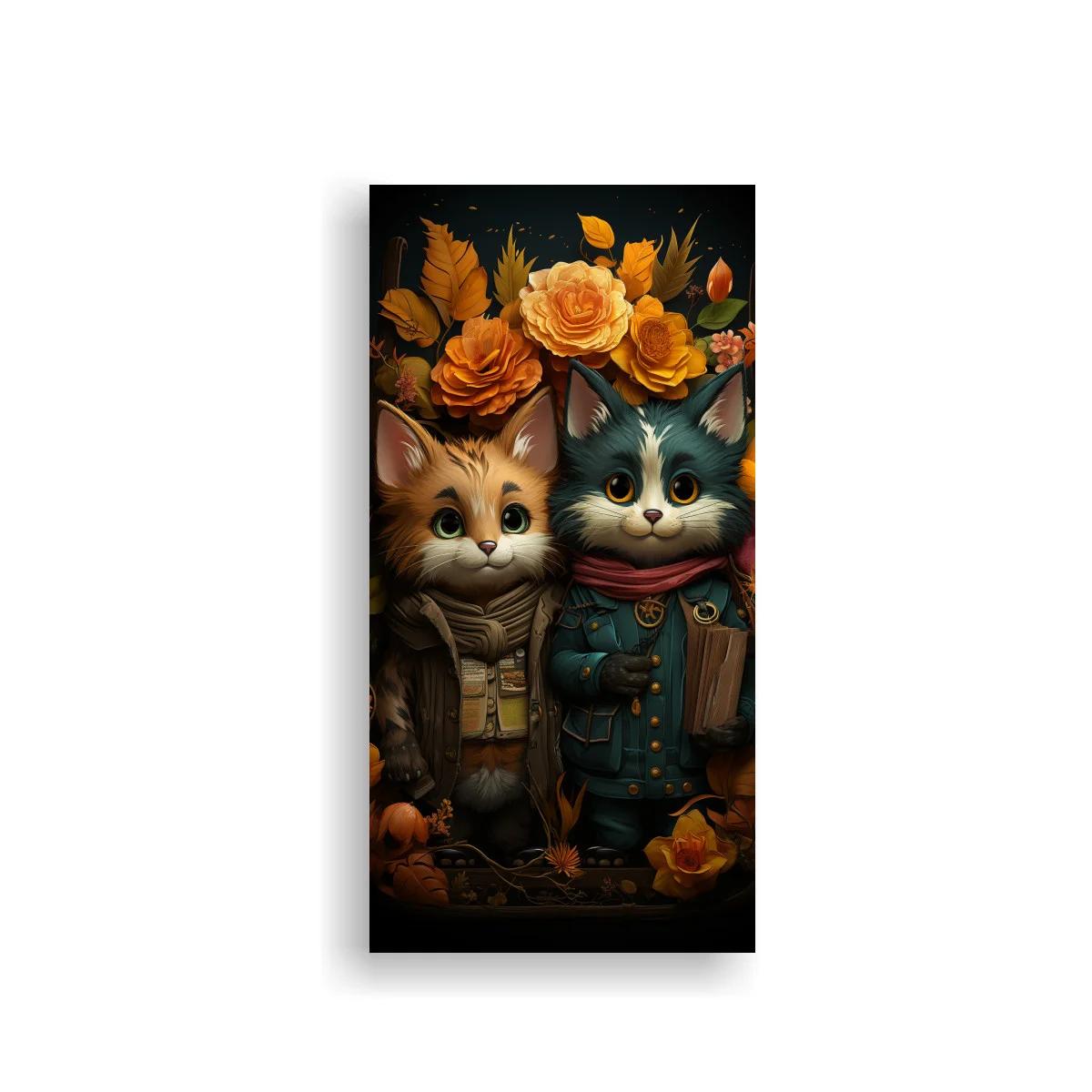 Cuadro dos gatitos vestidos con rosas otoñales y libro
