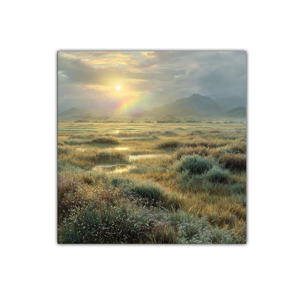 Paisaje de pradera al amanecer con luz dorada y arcoíris — imagen principal