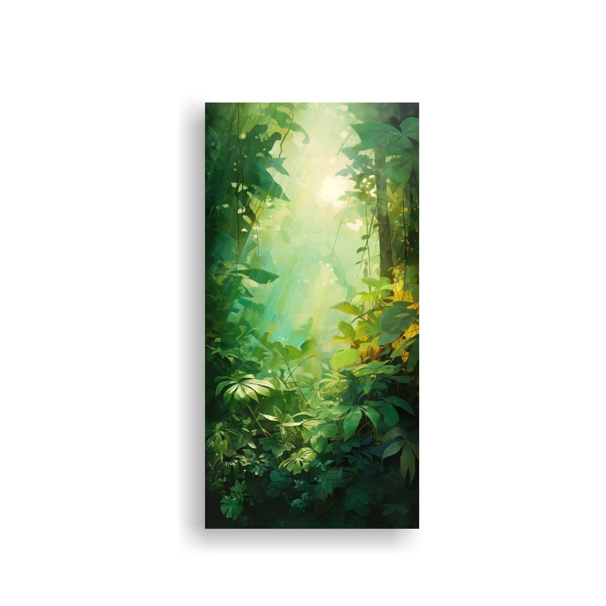 Cuadro selva tropical con claro luminoso entre hojas grandes — imagen principal