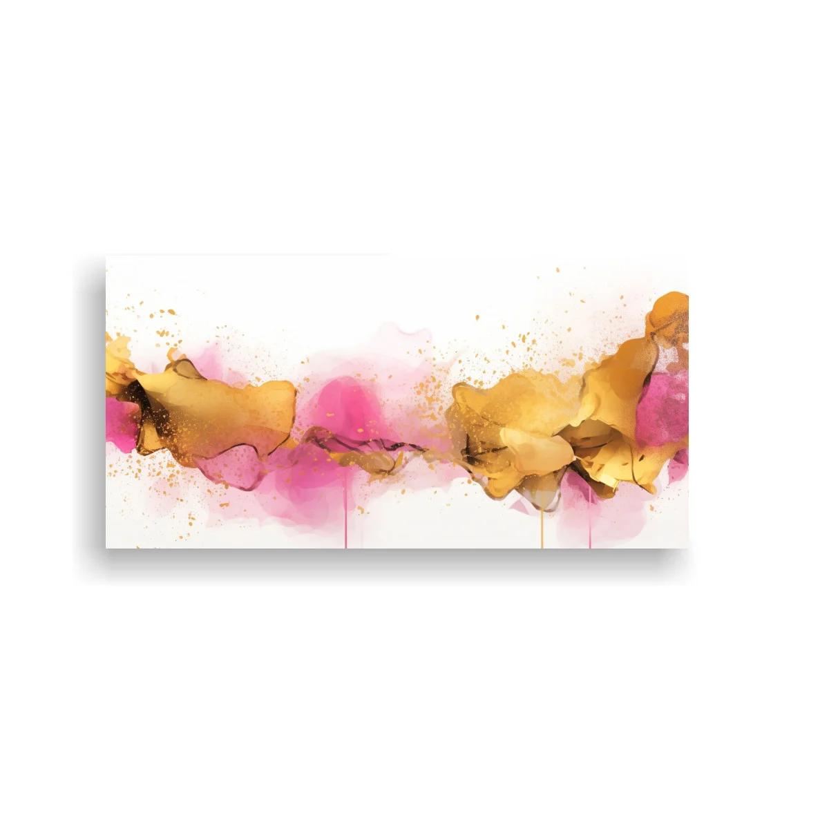Cuadro mancha abstracta en rosa y dorado con goteos sutiles — imagen principal