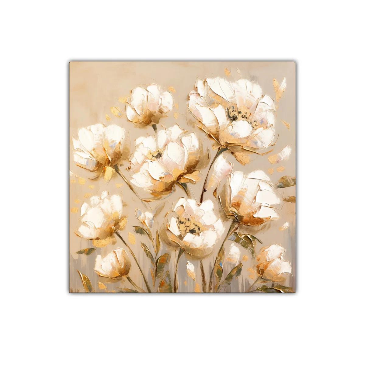 Cuadro decorativo con flores blancas y doradas en tonos cálidos