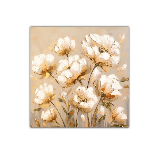 Cuadro decorativo con flores blancas y doradas en tonos cálidos